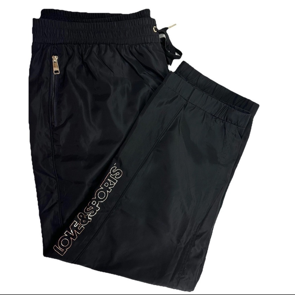 NWOT Love & Sports Black Mesh Lined Joggers Pull On Logo Print Zip Pockets XXXL